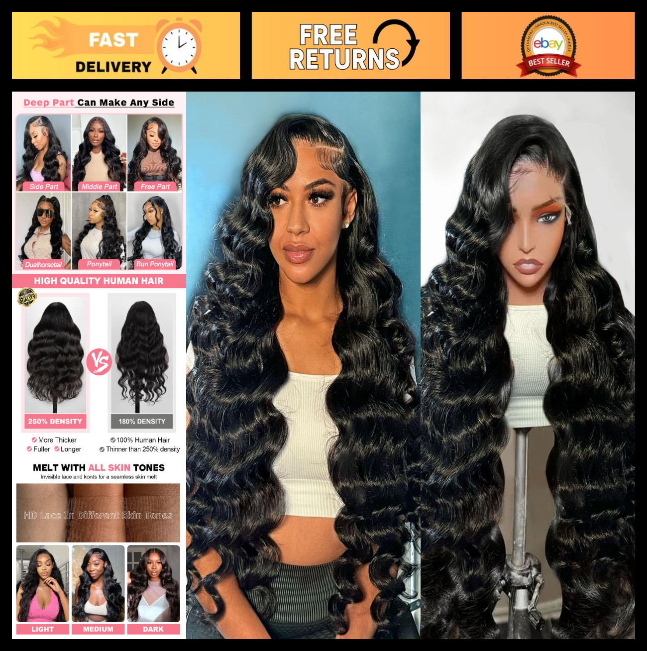 40″ 13×6 Body Wave Lace Front Wig, 250% Density, HD Glueless, Pre-Plucked, Natur