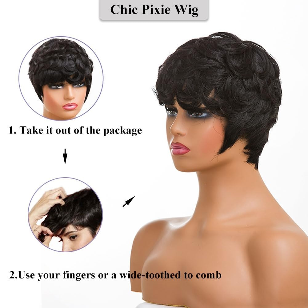 Natural Human Hair Black Pixie Cut Wig with Bangs