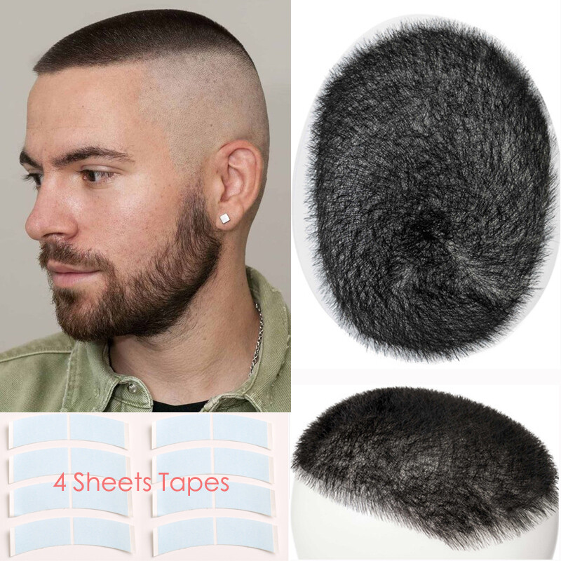 Mens Toupee Ultra Thin Skin PU Hairpiece 100% Human Hair Wig Short Buzz Cut Tape
