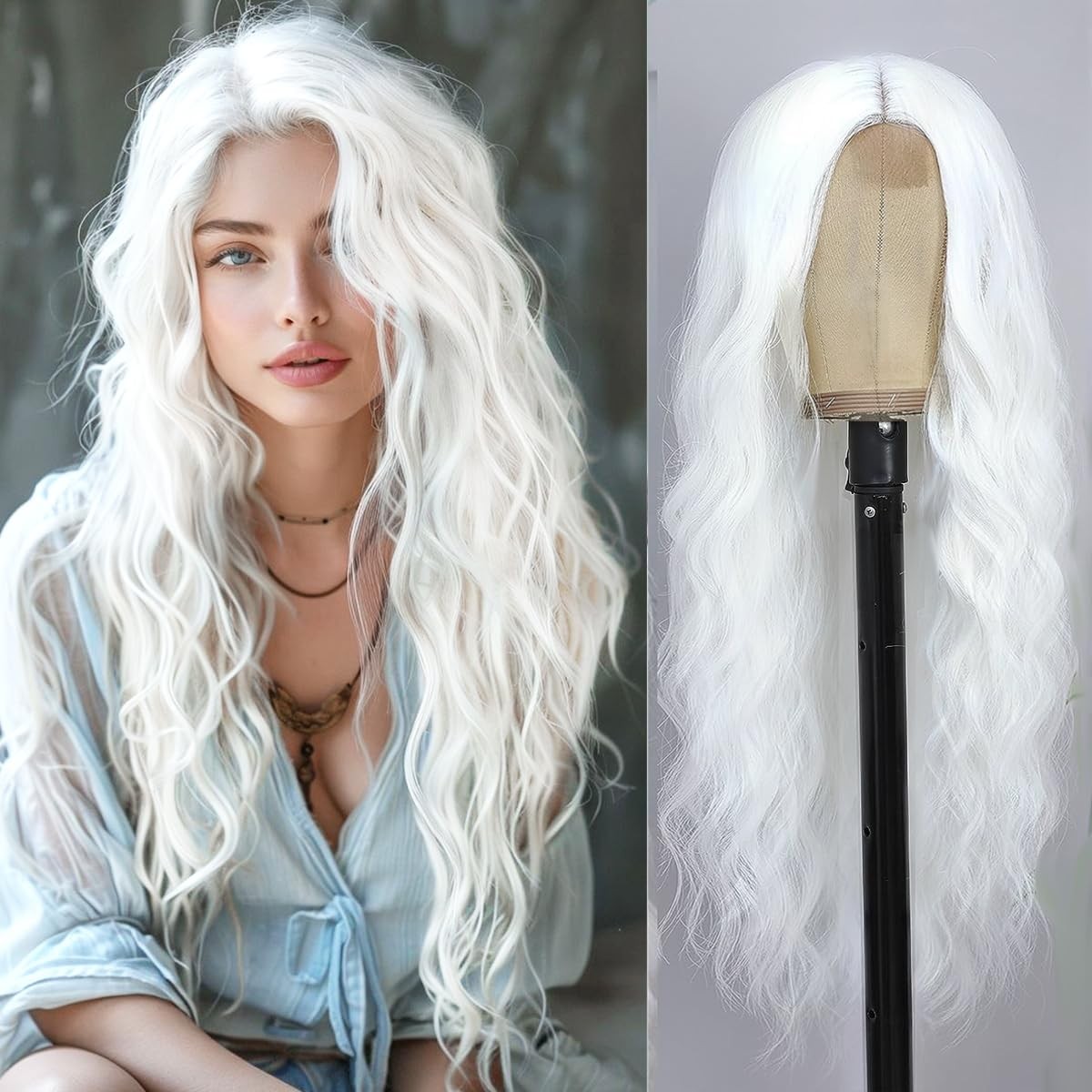 Long White Wig for Women – 26 Inch Wavy Heat Resistant Synthetic Hair for Hal…