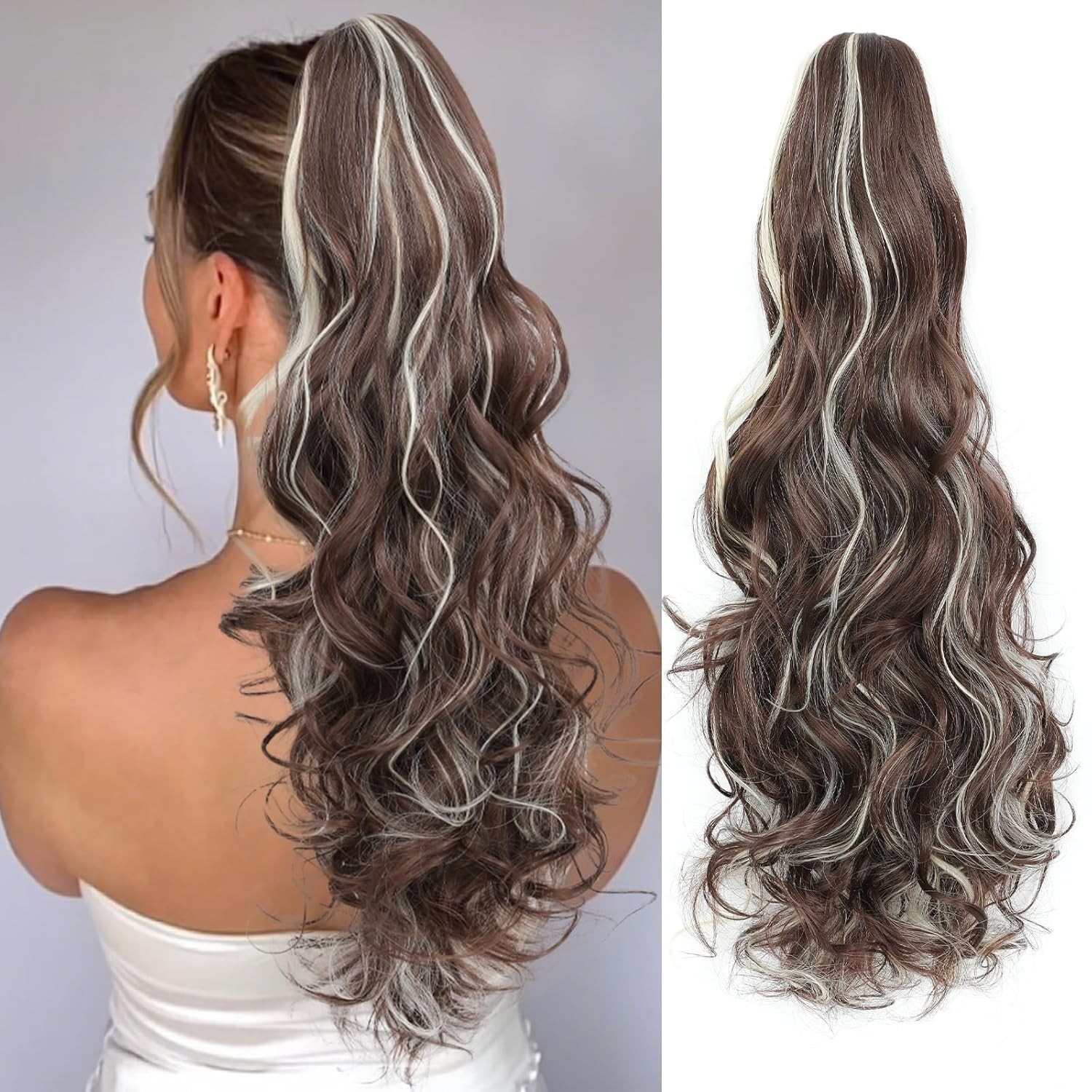 24″ Ponytail Extension, Long Curly Wavy Claw Clip and Natural-Looking Synthetic