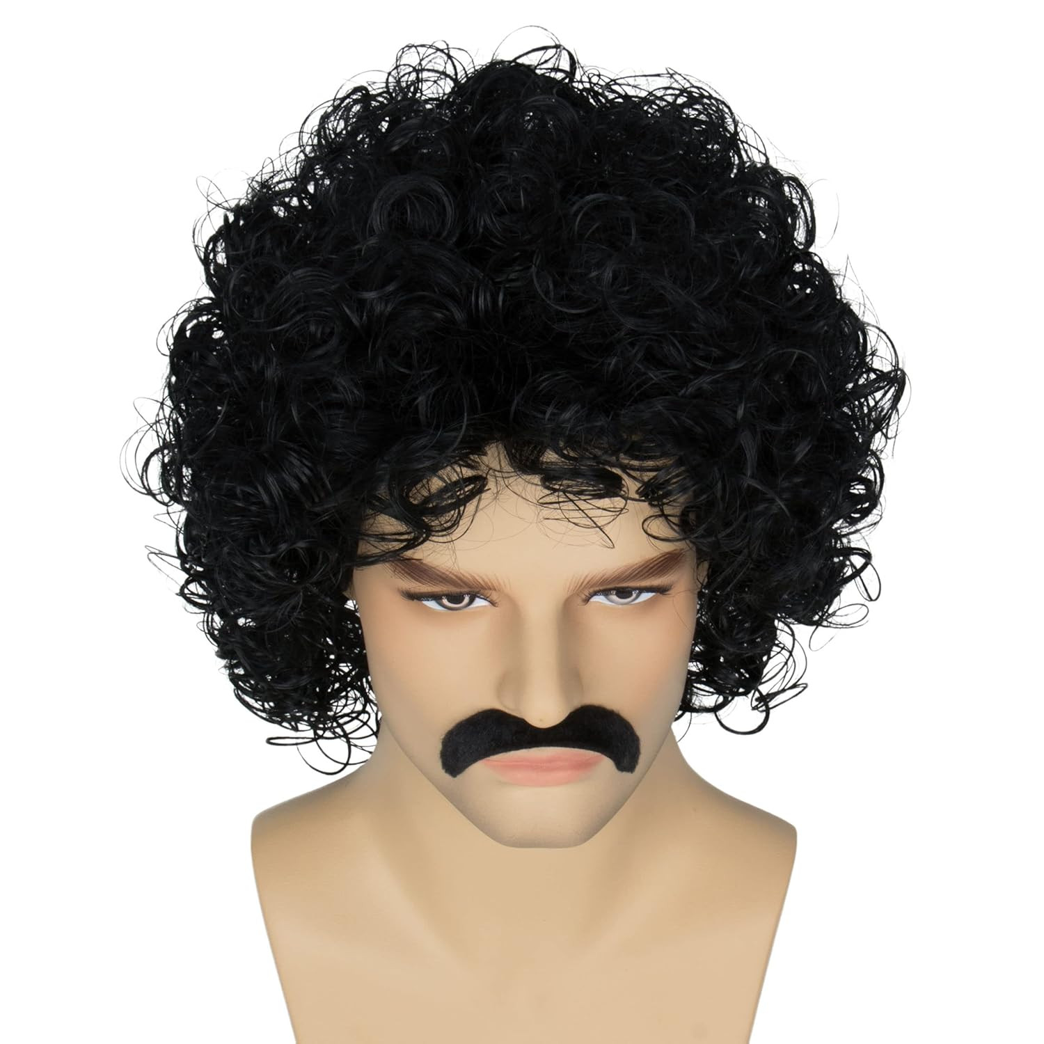 Miss U Hair Jerry Curl Wig Mens Short Black Curly Wig With Mustache 70s Rocker M