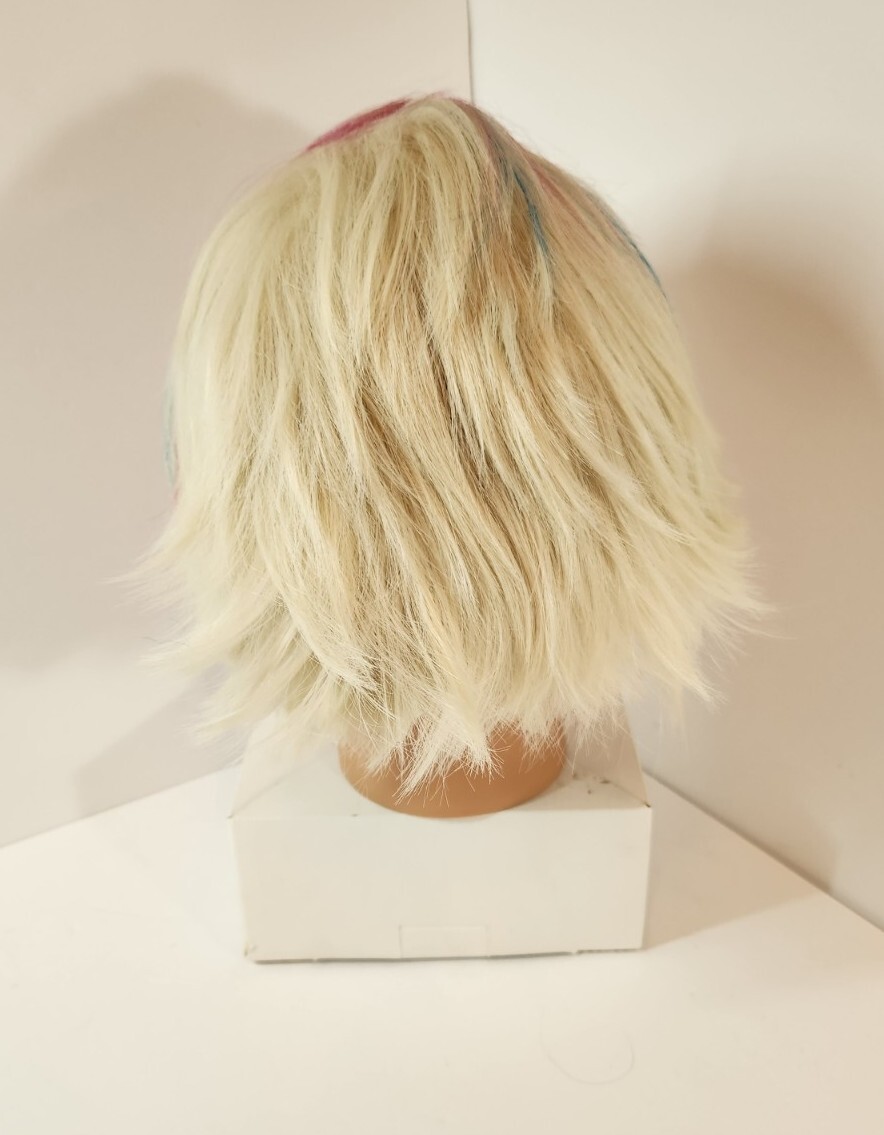 NEW Short Bob Wig 10″ Blonde w/ Blue & Pink Streaks Anime Fashion Fun Cosplay