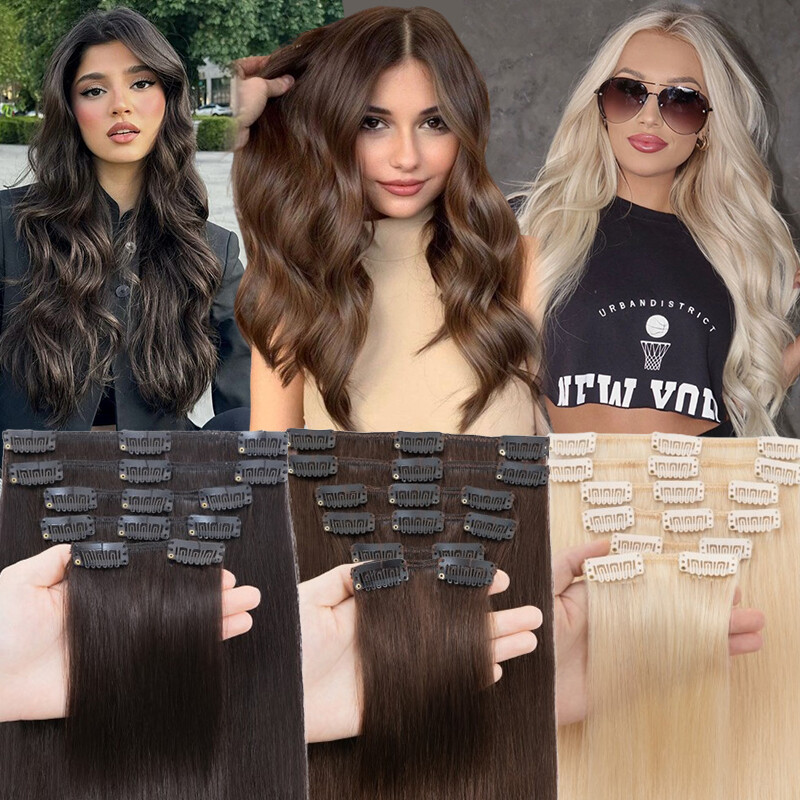 100% Clip In Remy Human Hair Extensions Full Head Black/Brown/Blonde Straight