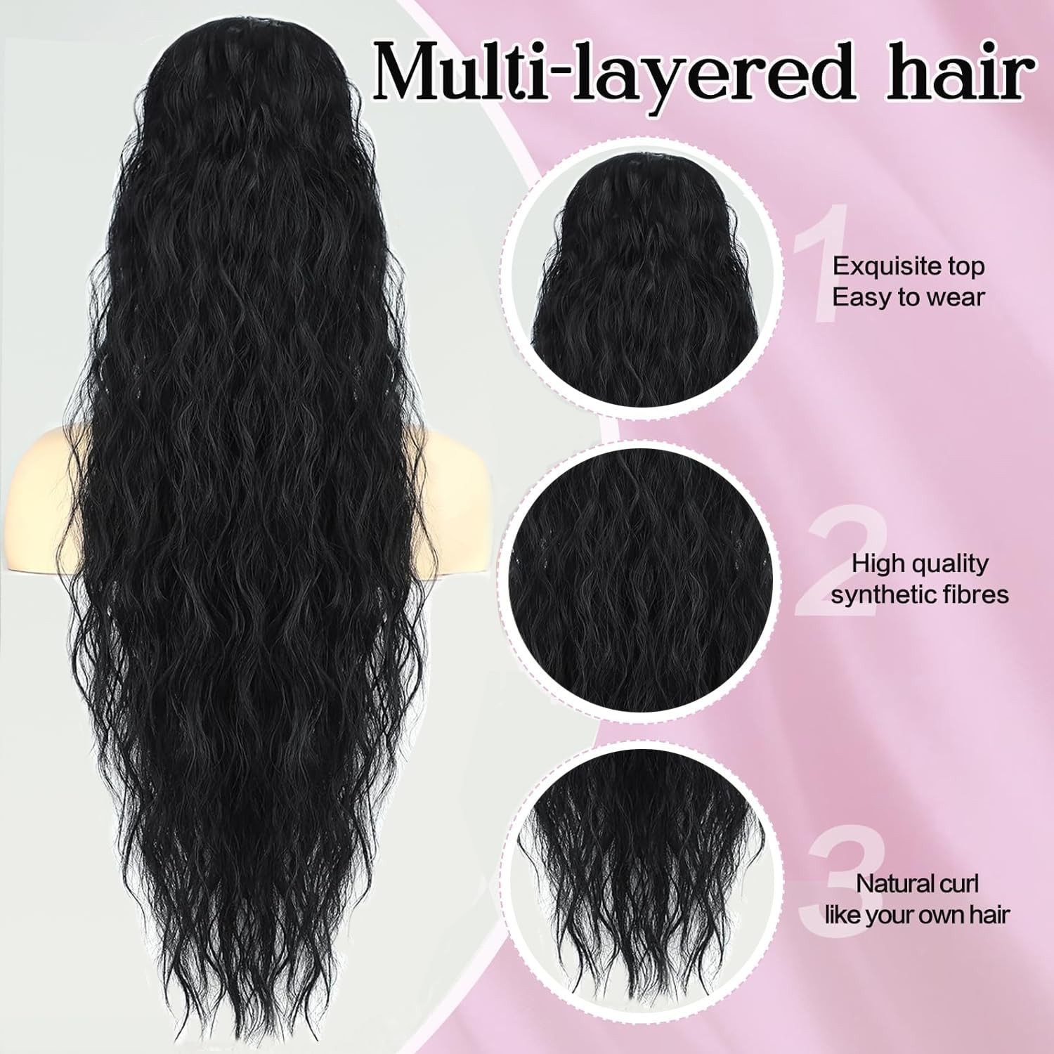 Curly Wavy Ponytail Extension 26 Inch Drawstring Black 1B – Lightweight Natural