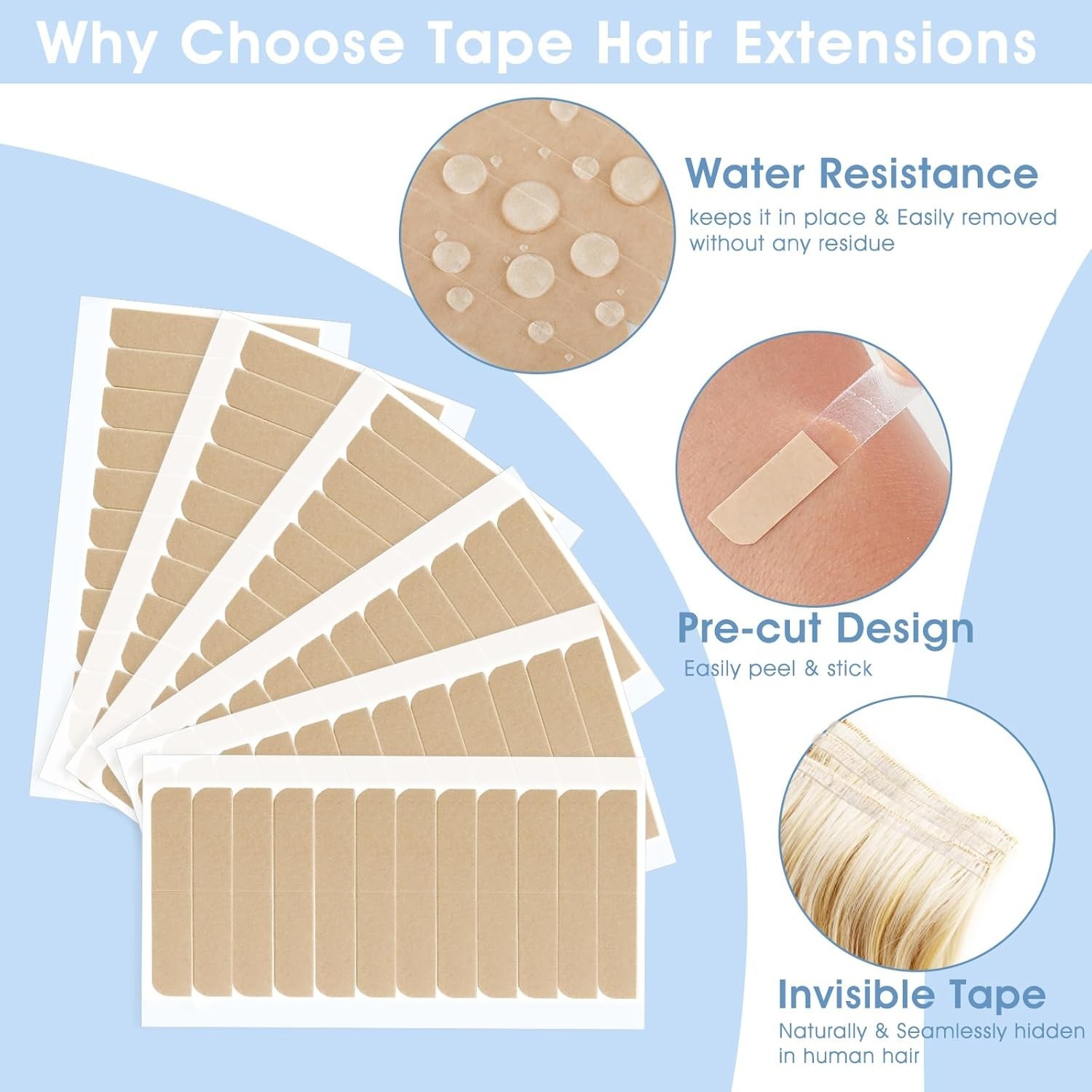144PCS Double-Sided Hair Extension Tape Tabs: Waterproof, Invisible & Durable