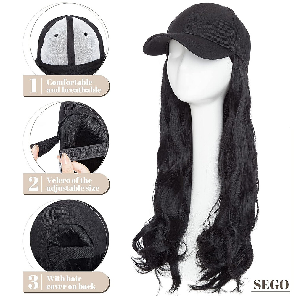 Baseball Hat Cap with Fake Hair Soft Long Wavy Hair Wigs Caps for Women 6″-18″