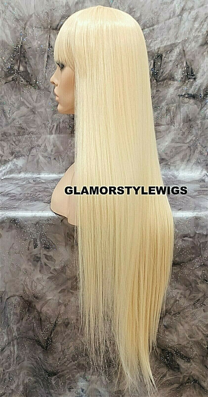 43” FULL WIG LONG LAYERED STRAIGHT W BANGS BLEACH BLONDE HEAT OK #613
