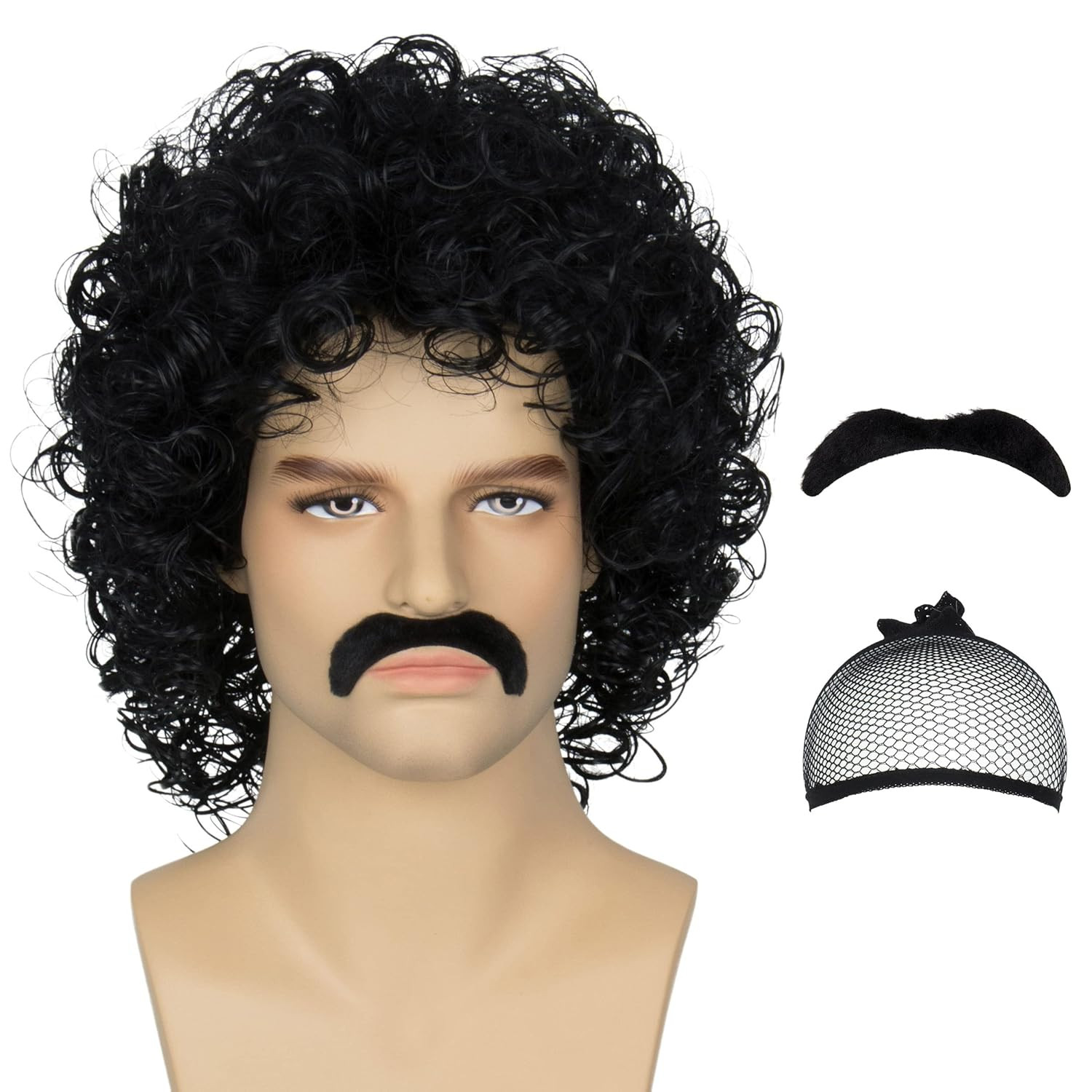 Miss U Hair Jerry Curl Wig Mens Short Black Curly Wig With Mustache 70s Rocker M