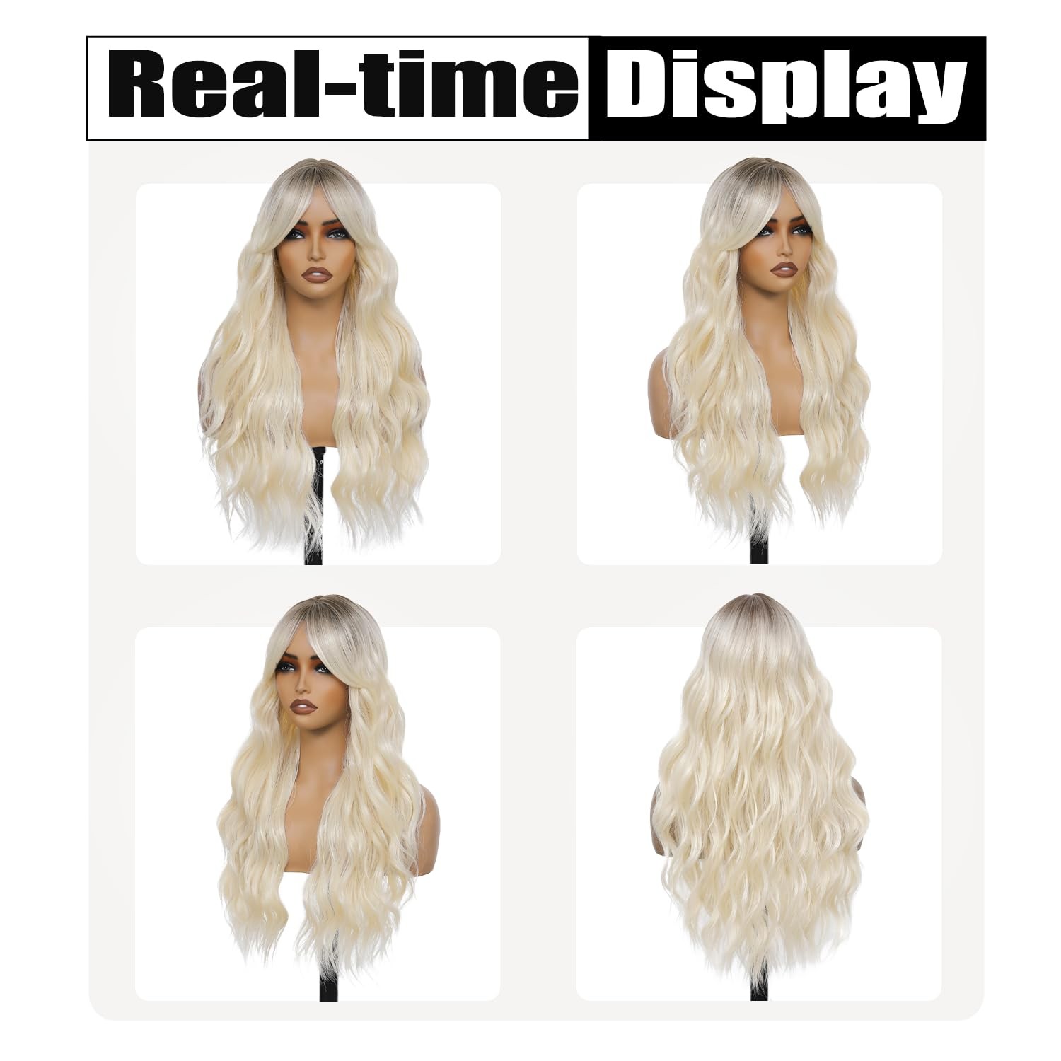 Long Wavy Ombre Blonde Wig with Curtain Bangs for Women 26 Inch Blonde With D…