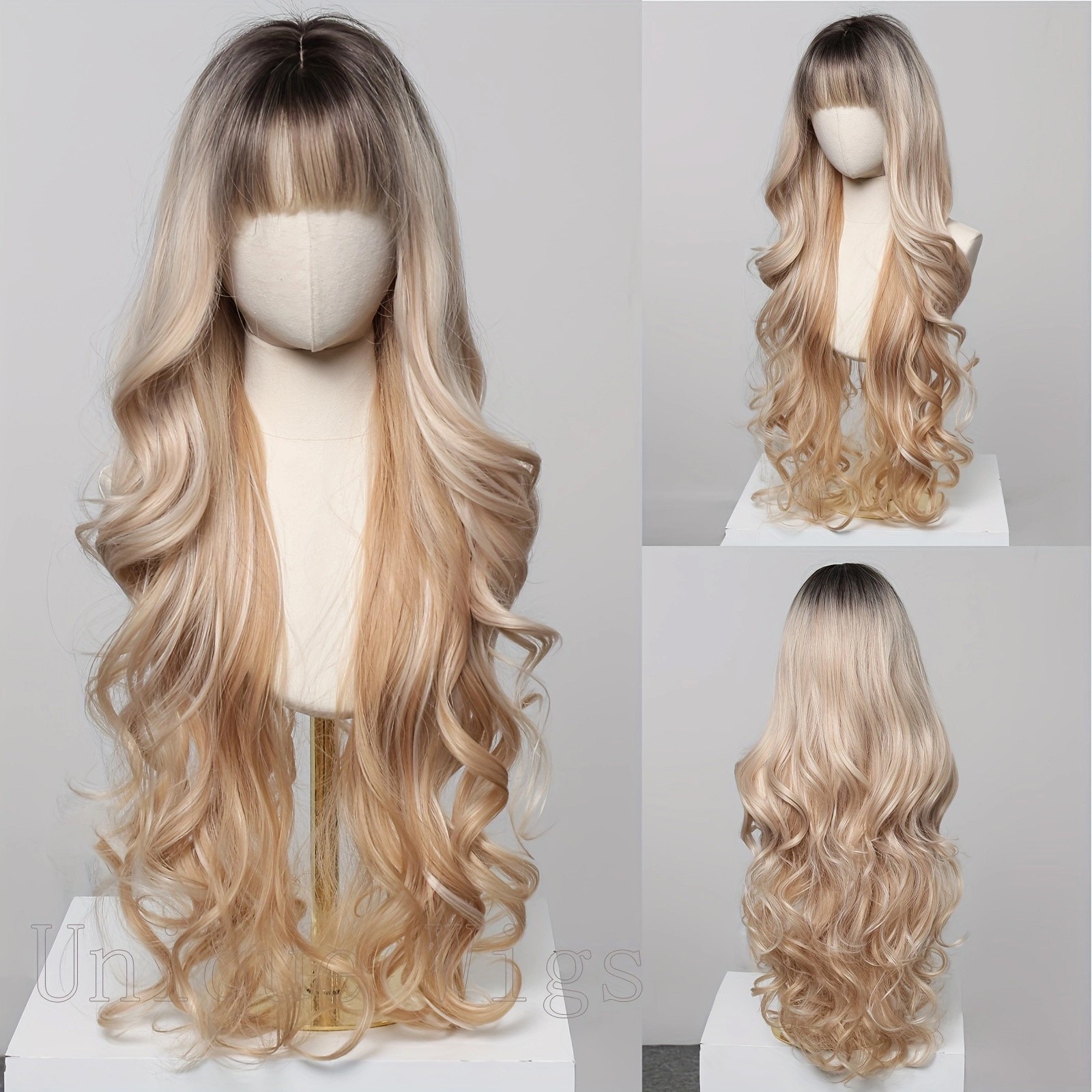 30 Inch Long Curly Wig Ombre Blonde Red Synthetic Wigs Heat Resistant Hairpiece