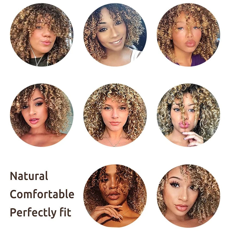 Afro Curly Wigs for Black Women Short Shoulder Length Kinky Wig with Bangs Brown