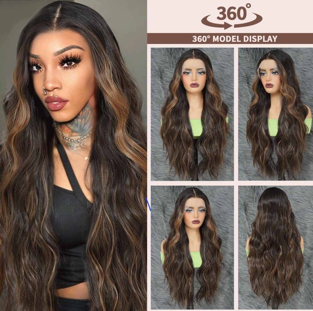 HD Lace Front Wig Human Hair Blend Highlights Straight Honey BROWN Blonde