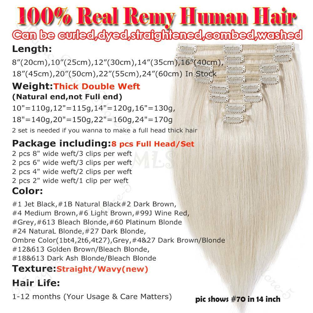 Body Wave Clip In Full Head Double Weft Remy Human Hair Extensions Thick Colored