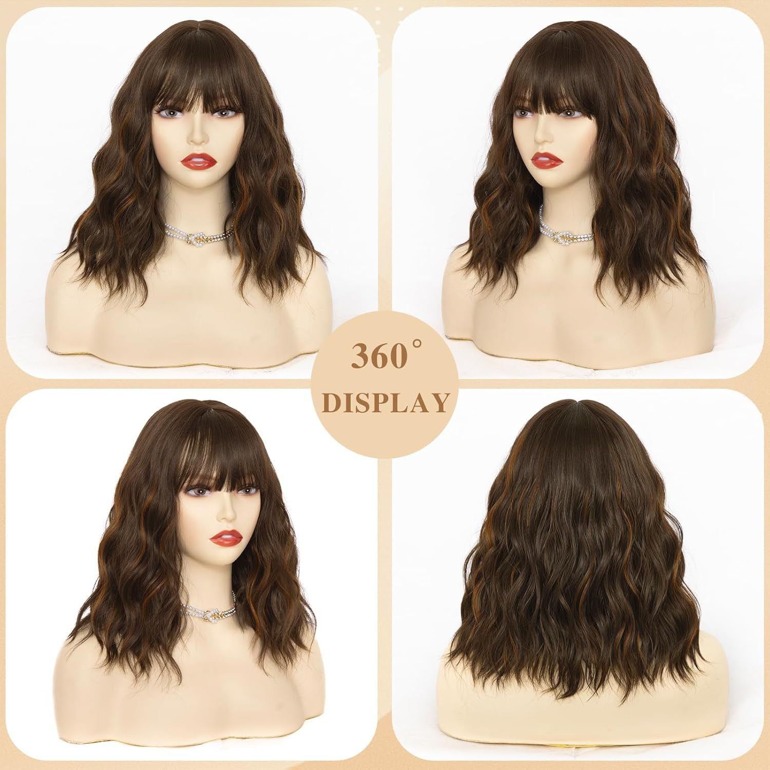 Brown Short Water Wave Curly Wig for Women Synthetic Natural Heat Resistant