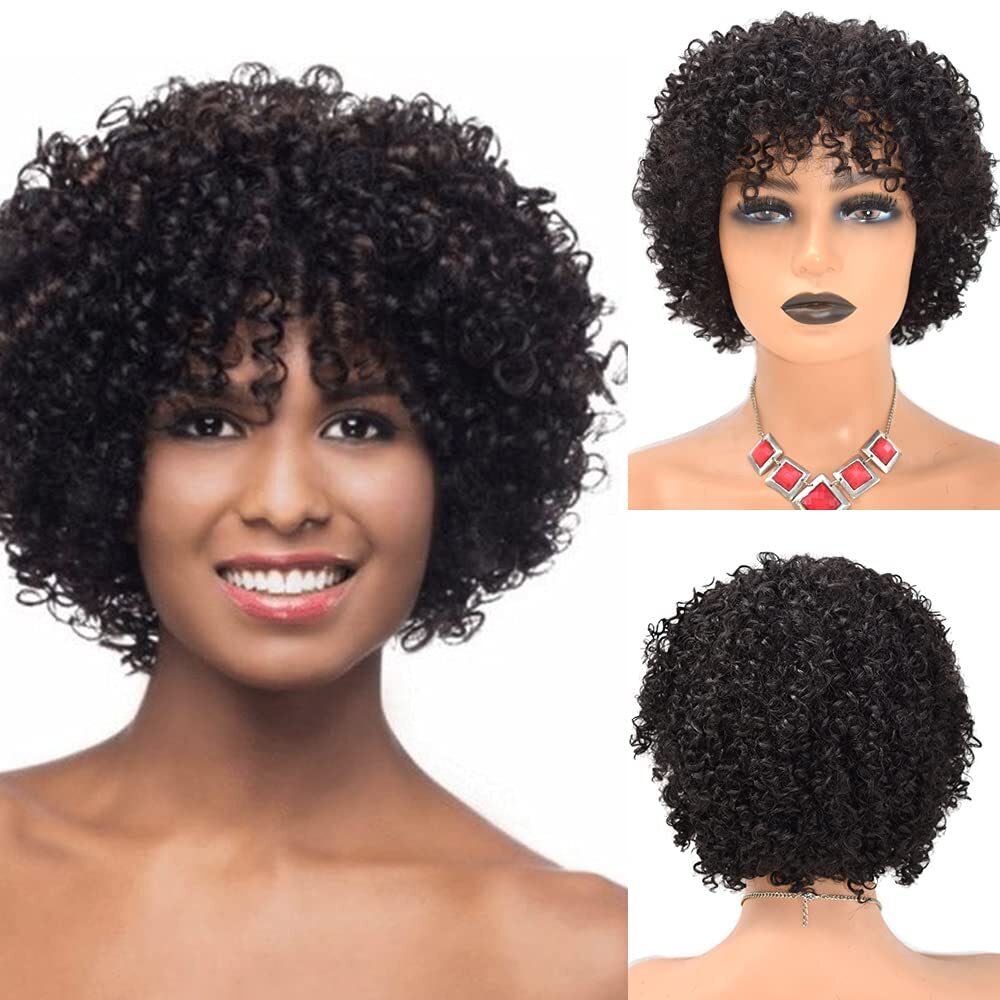Kinky Curly Afro Wigs with Bangs Short Human Hair Wig for Black Women Brazilian