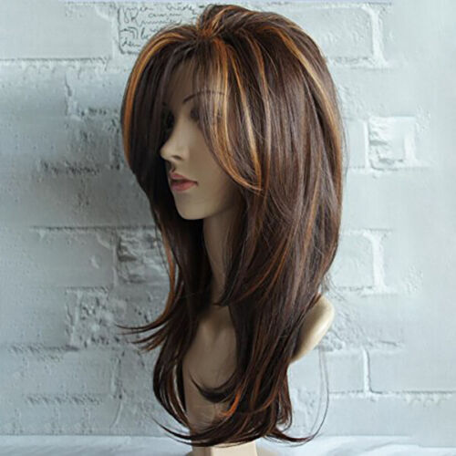 Women Dark Brown w/Gold Highlight Ombre Shoulder Length Wig Synthetic Curly Hair