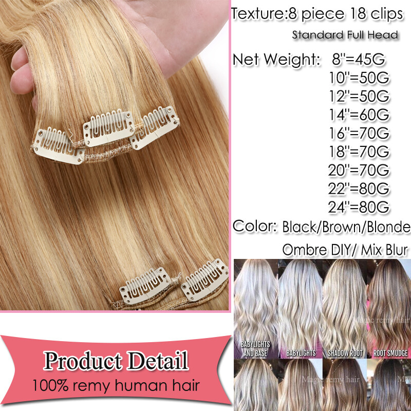 AAA+ 8pcs 16″ 18″ 20″ 22″ 24″ Clip In Real Remy Human Hair Extensions Full Head
