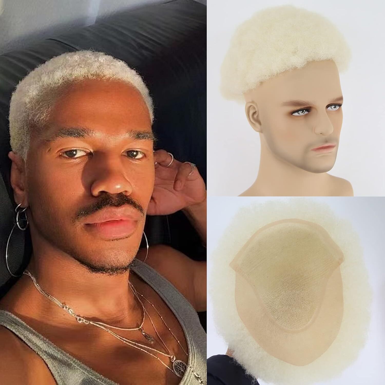 Mens Full Lace Toupee Wigs Human Hair Curly Man 8x10inch Afro Curl Toupee BLONDE