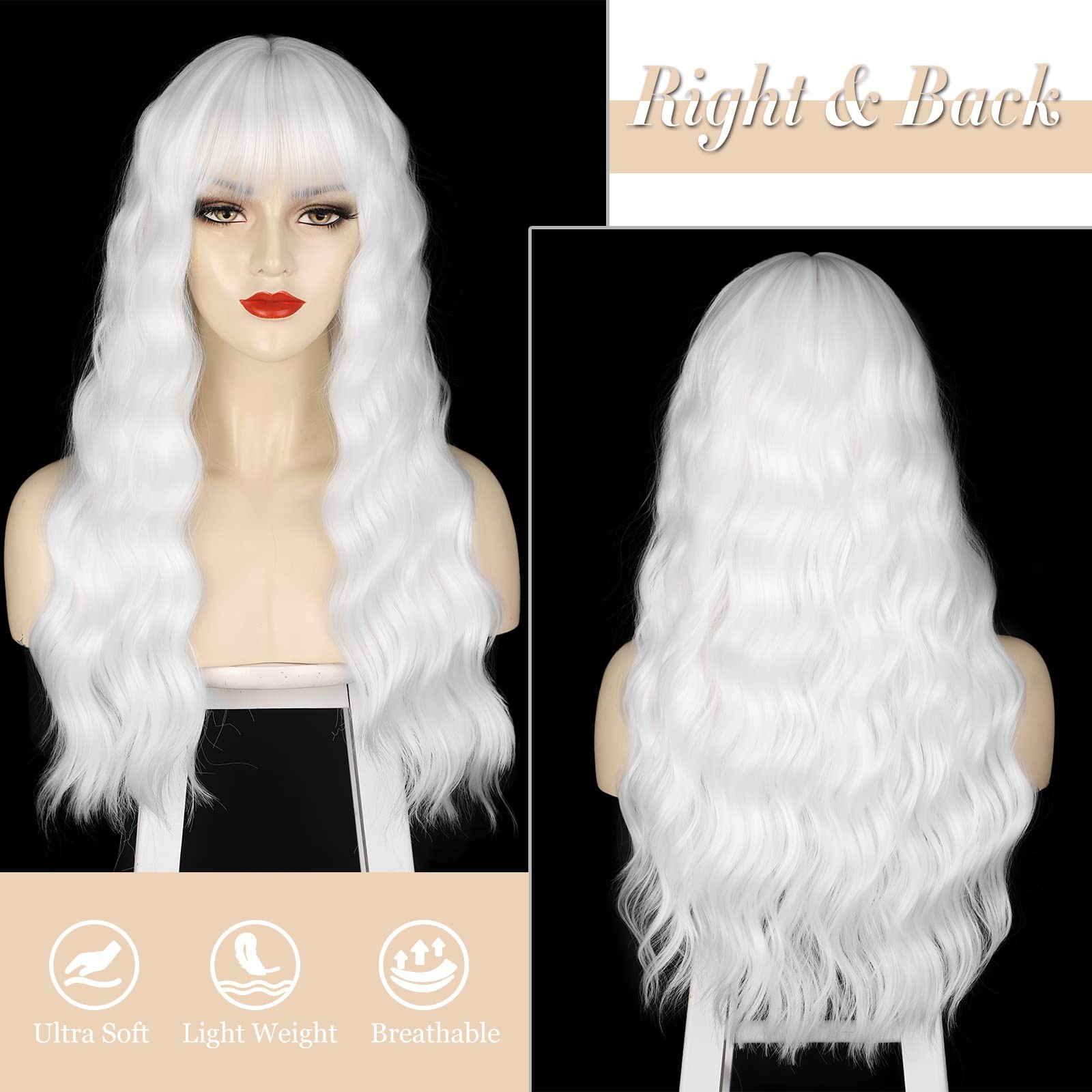 White Wig with Bangs Synthetic Long Wavy Curly Wig for Women for Halloween Co…