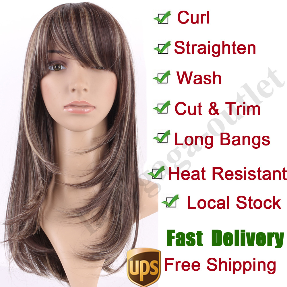 Ombre Long Curly Wavy Hair Wig Women Long Full Wigs with Bangs Cosplay Party #lg