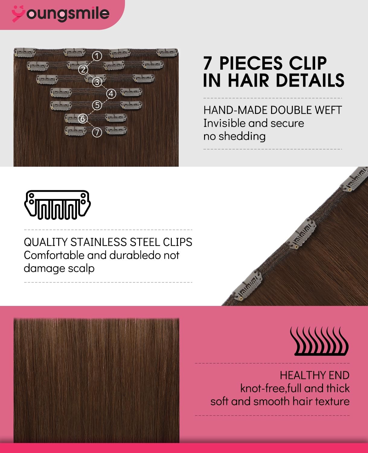 Youngsmile Clip In Hair Extensions Human Hair 16 Inch 140G 7Pcs Chocolate Brown