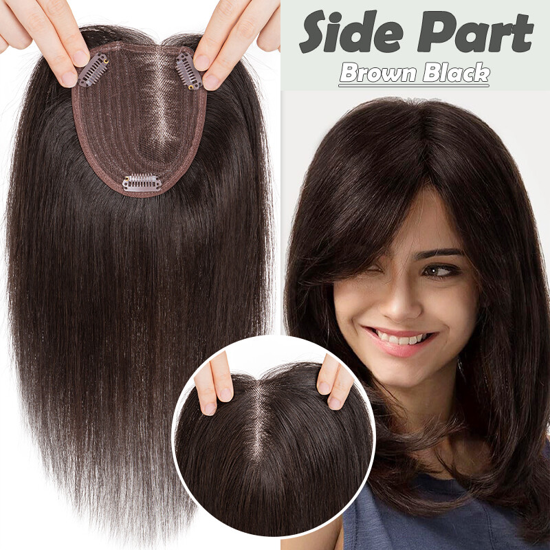 100% Real Human Hair Piece Topper Clip in Top Toupee Hairpiece Women Side Part