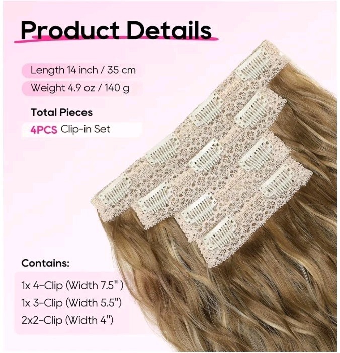 Clip in Hair Extensions, 4PCS Hair Extensions 14″ Short Wavy Invisible Lace Weft