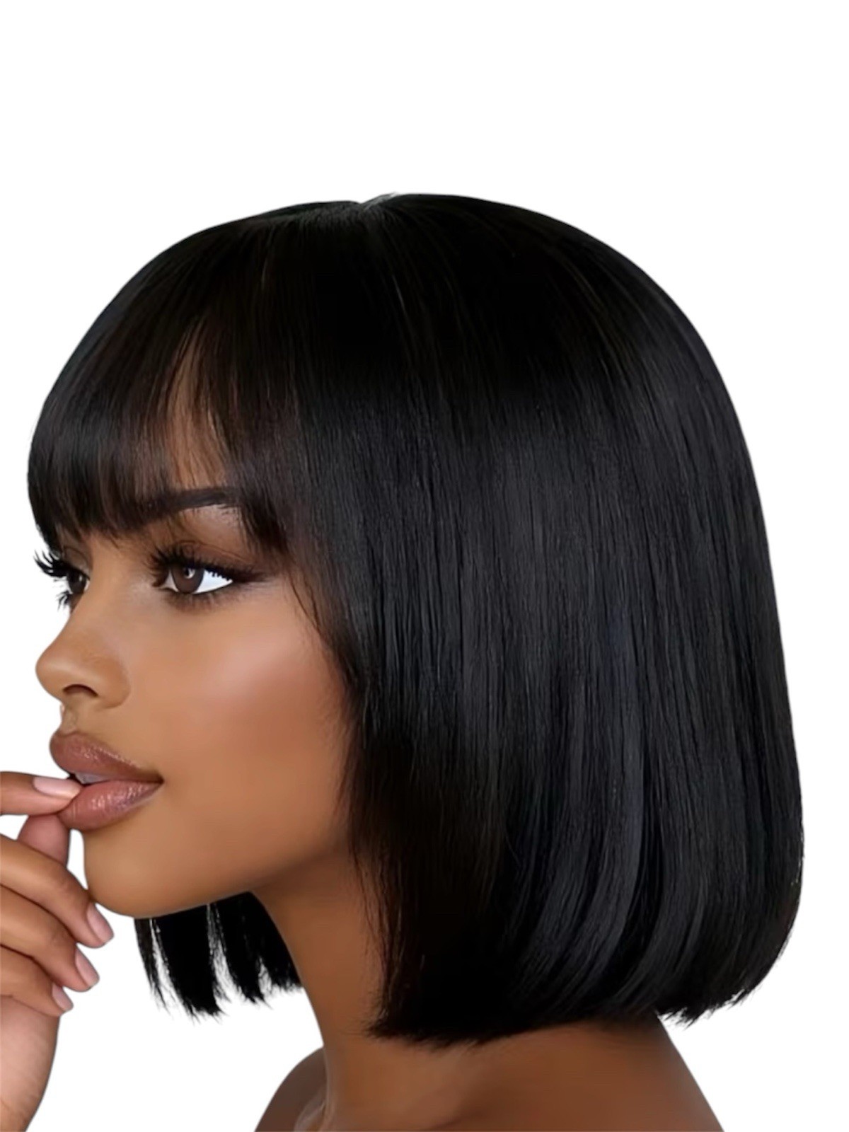 Women’s Synthetic Straight Bob Wig Classic Cap Pull-On Black Heat-Resistant