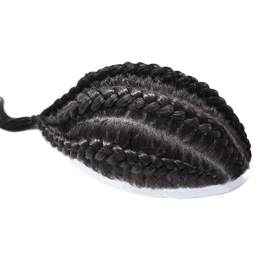 US Cornrow Braded Toupee for Black Men Box Braided Human Hair Replacement System