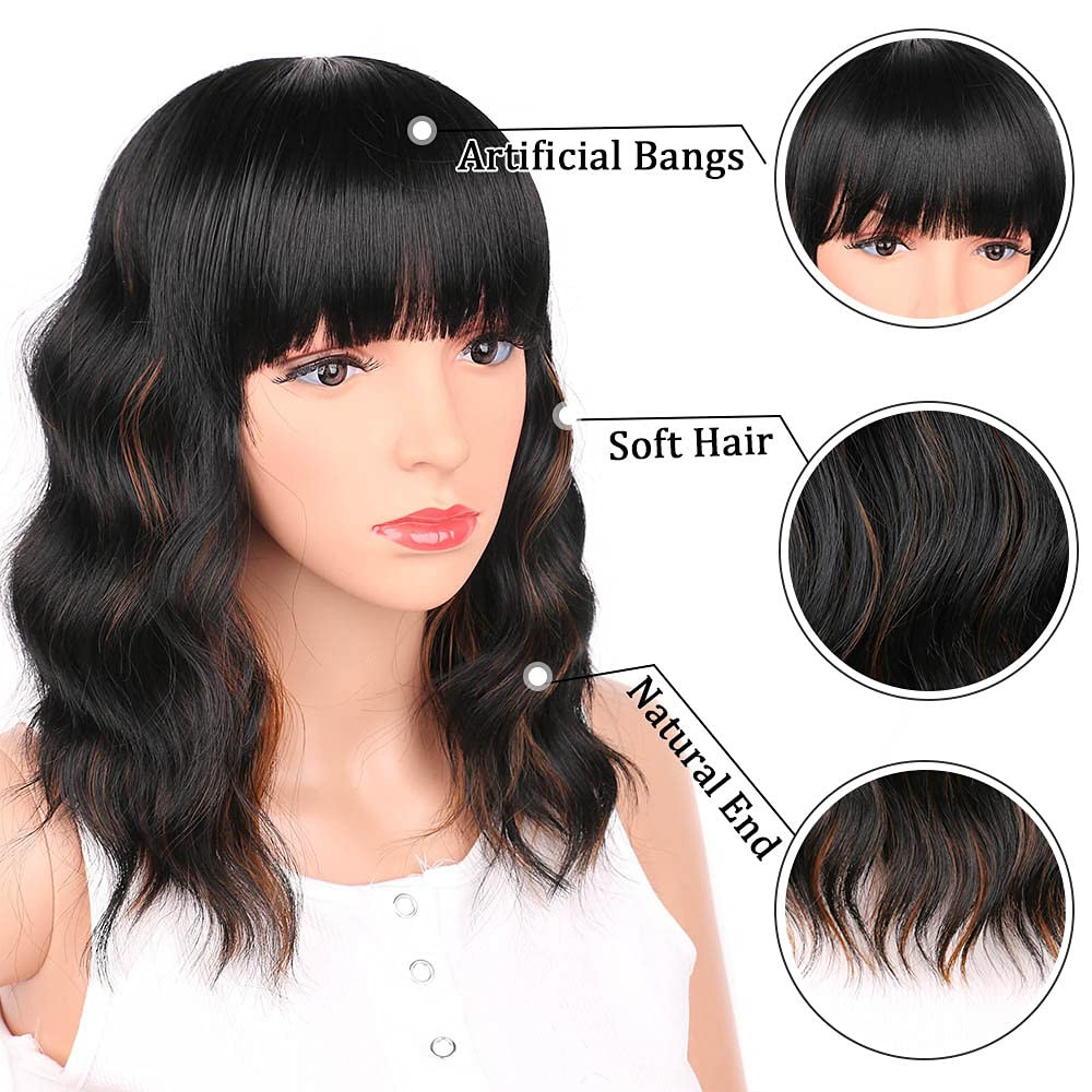Ucubb Black Mixed Brown Wig for Black Women 14 Inch Short Wavy Hair Wigs Curly