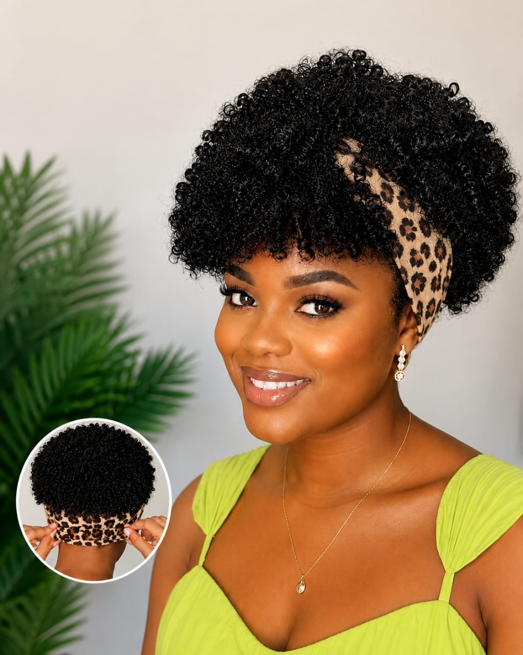 Women’s 6-Inch Short Leopard Print Kinky Coil Headband Wig, Adjustable Band