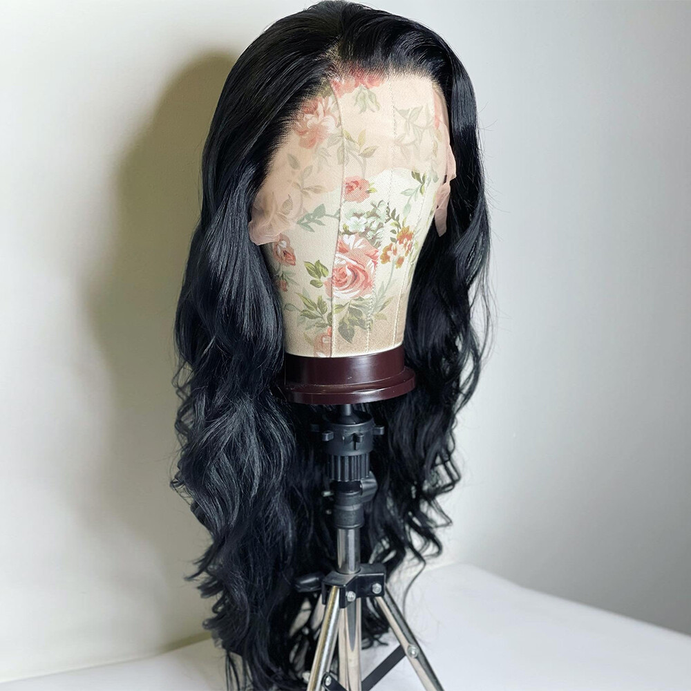 Long Wavy Heat Resistant Hair HD Lace Front Wig Pre Plucked Off black