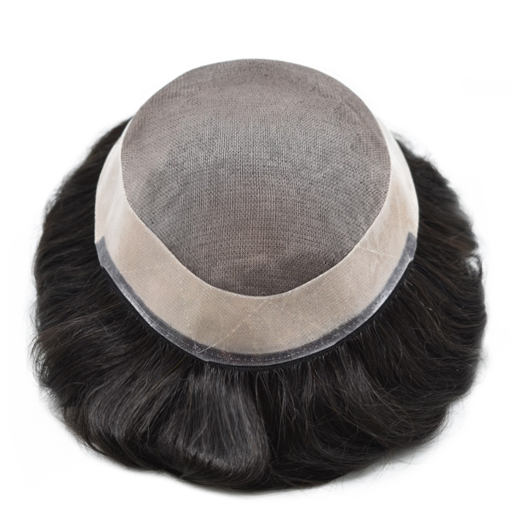 Fine Mono Mens Toupee Human Hair Replacement System Medium-Heavy Black Hair Unit