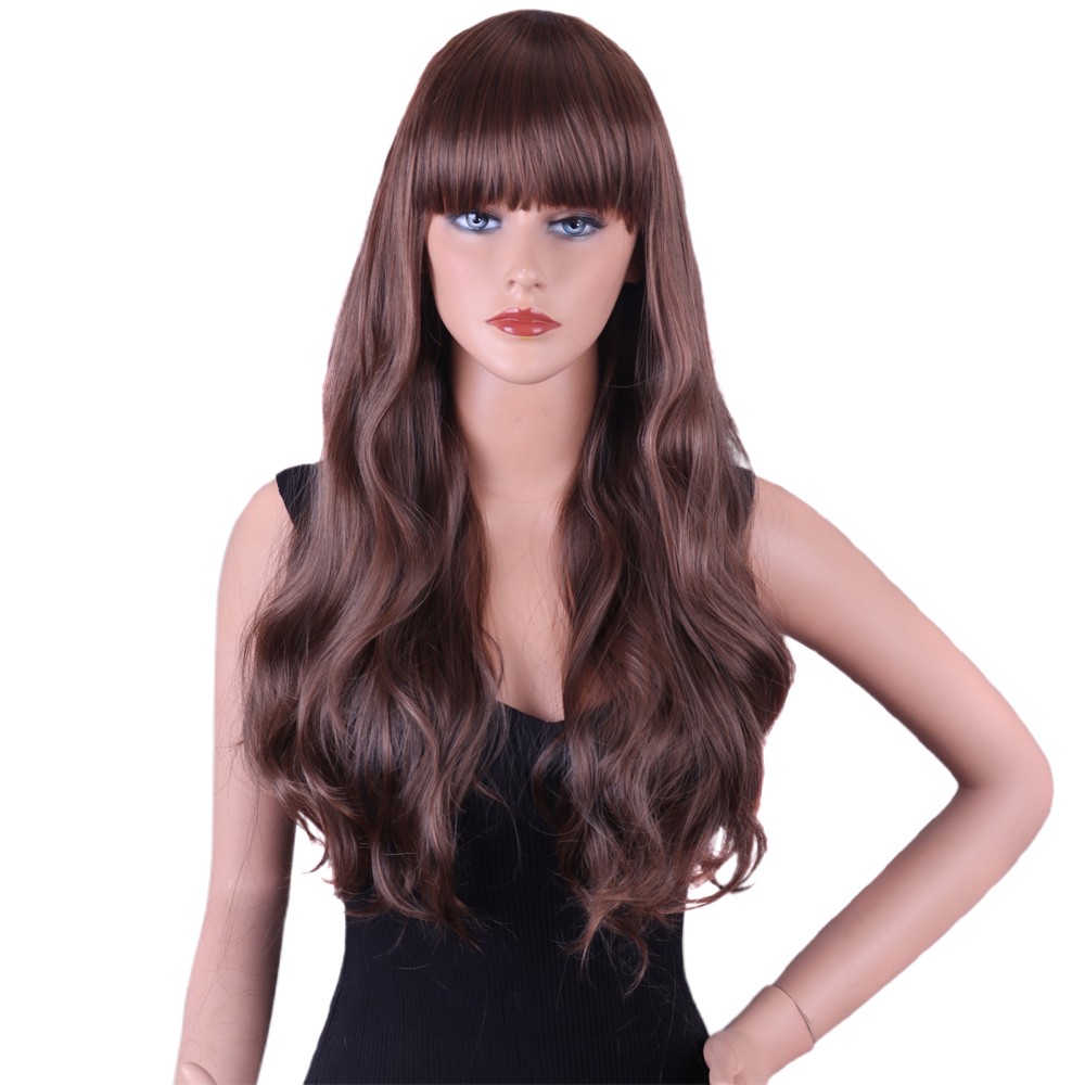 26 Inch Long Curly Full Wigs with Bangs Body Wave Hair for Women Borwn Wavy Wigs