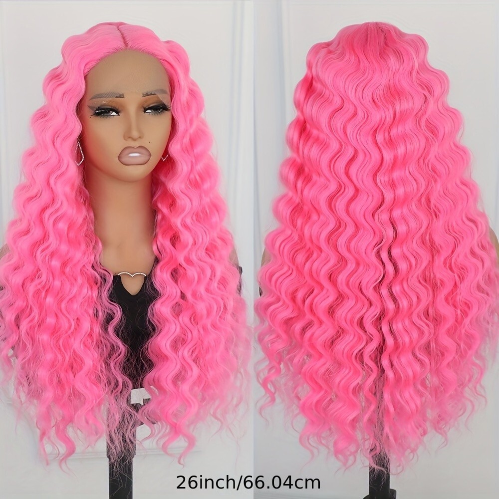 Long Kinky Curly Pink Color Synthetic Lace Front Wigs Women Party Heat Resistant
