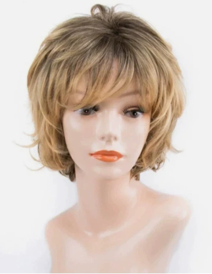 Wavy Short Fluffy Rooted Blonde Mix Synthetic Hair Wigs Women Soft Natural Daily