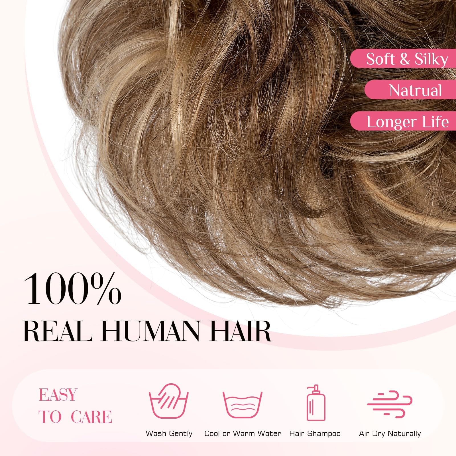 Claw Clip Messy Bun Hair Piece 100% Real Human Hair #4P27 Medium Brown Mix