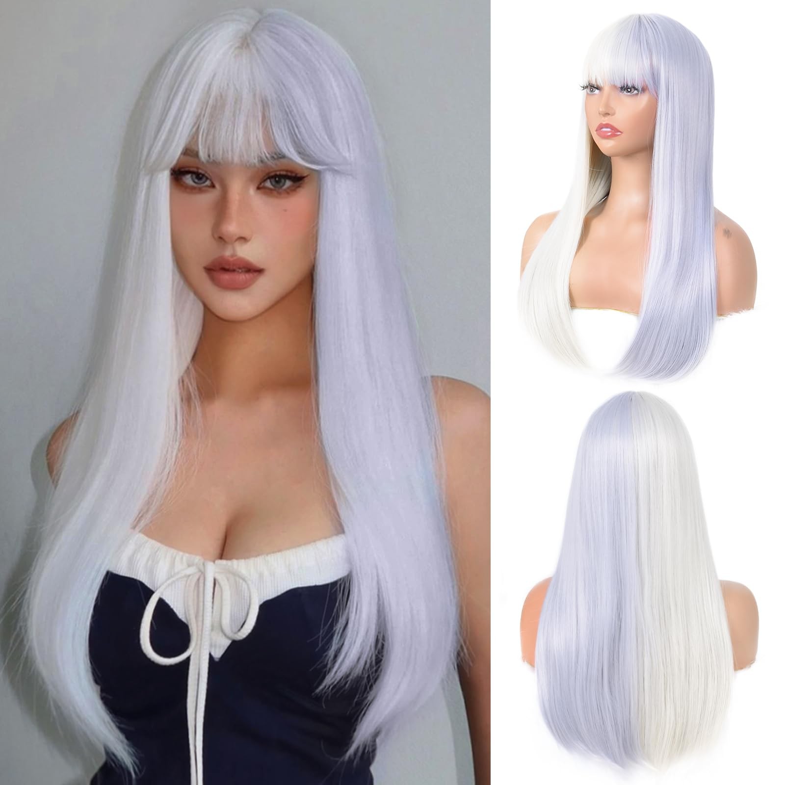 White and Purple Wig with Bangs for Women Long Straight Split Dye Wig Heat Re…