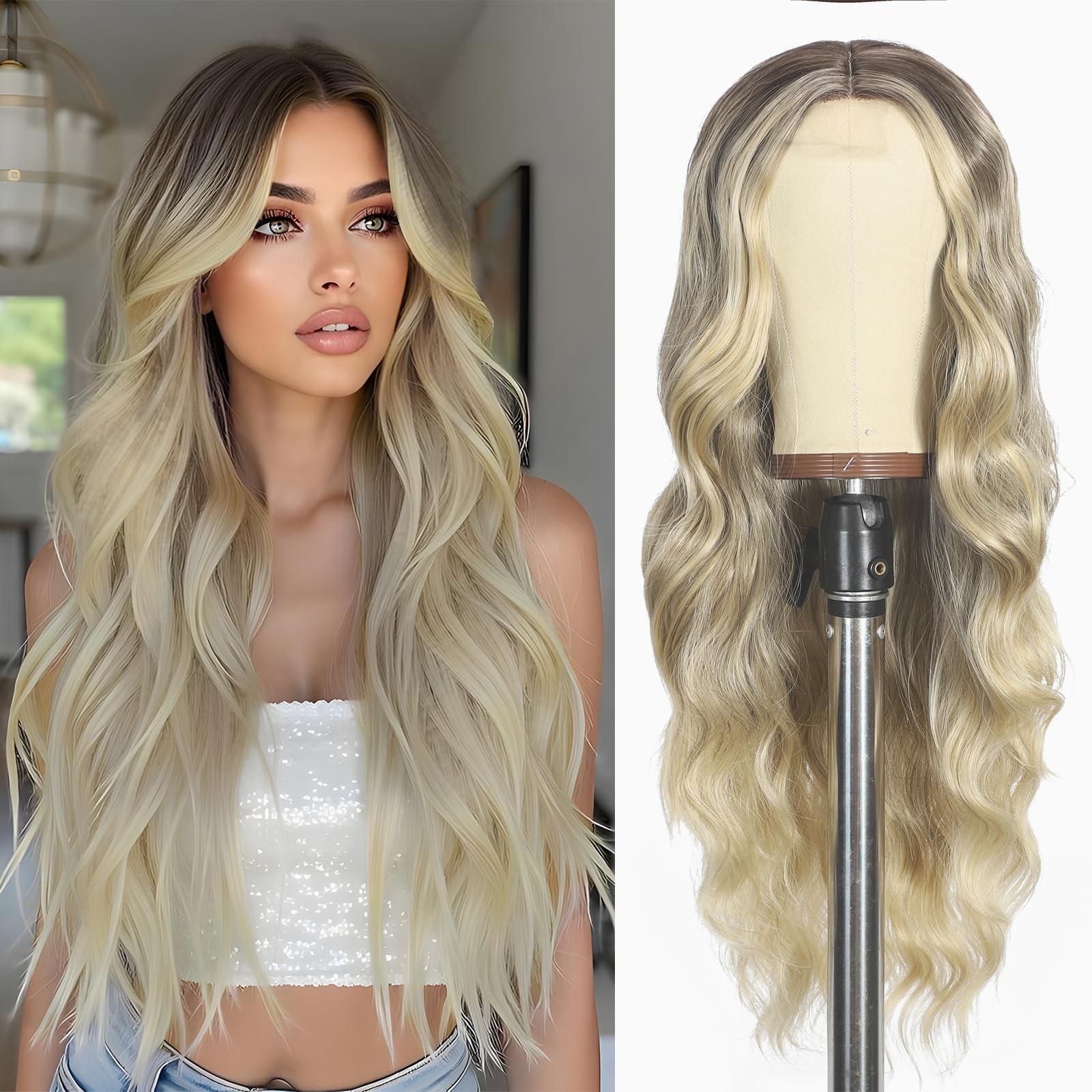 26 Inch Long Ombre Blonde Wig for Women | Middle Part Culy Wavy Wig | Heat Re…