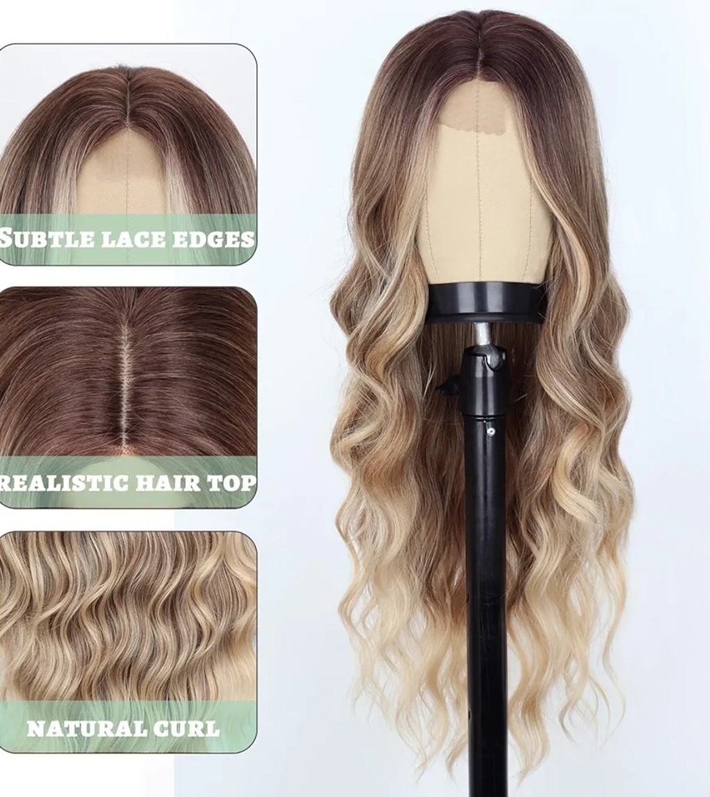 HD Lace Front Wig Human Hair Blend Highlights Wavy Brown X Blonde Balayage