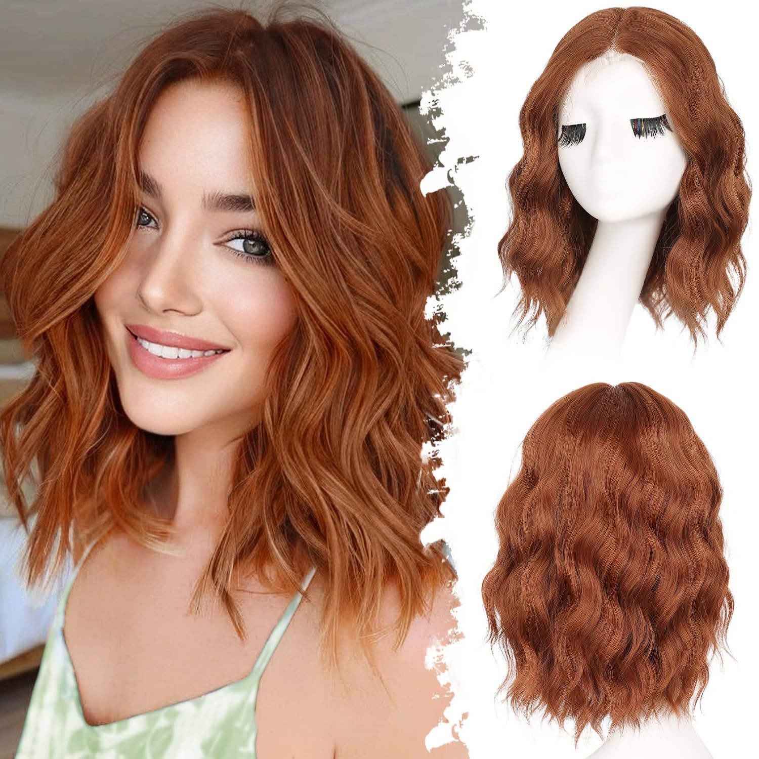 Small Lace Water Wave Short Curly Synthetic Full Head Wig Heat Resistant Daily