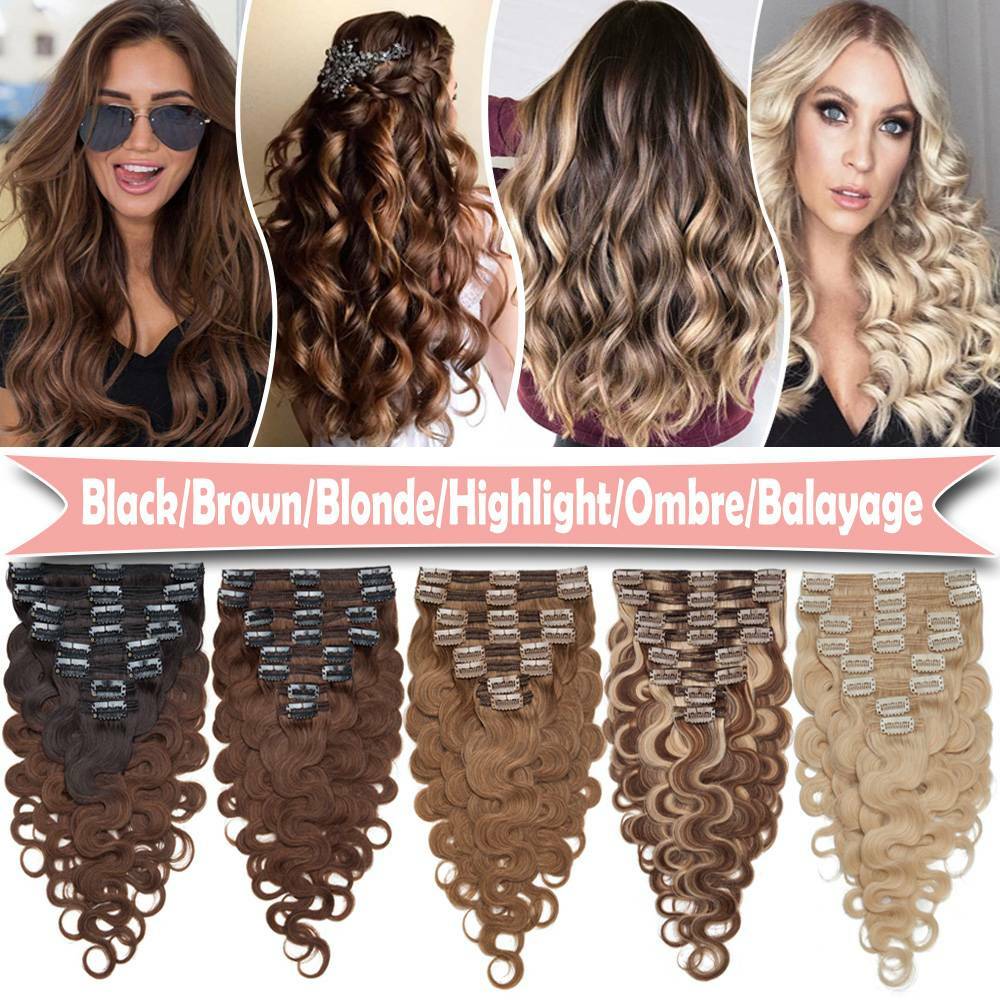 Body Wave Clip In Full Head Double Weft Remy Human Hair Extensions Thick Colored