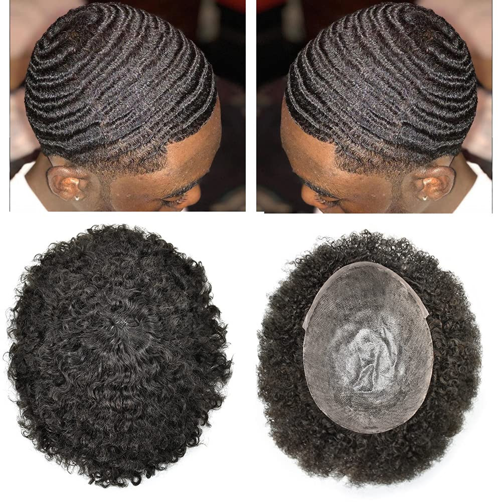 Black Afro Curl Mens Toupee Poly Skin 100%Human Hair African American Hairpieces