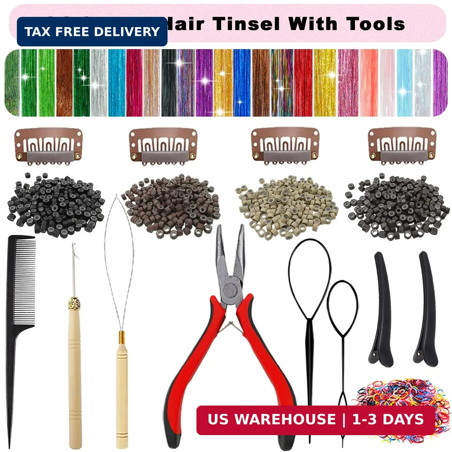 Hair Tinsel, 24 Colors 9800 Strands Hair Tinsel Kit with Tools 48 Inch Glitter T