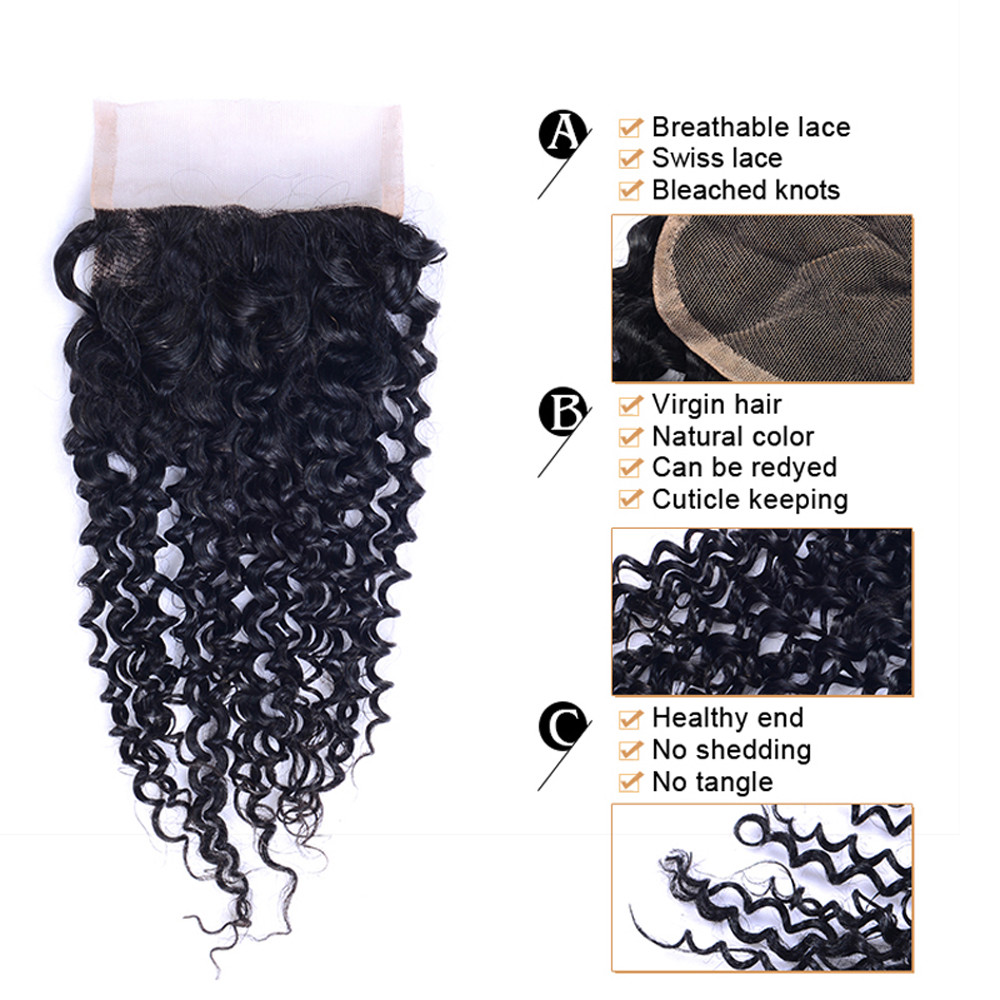 Jerry Curl 4×4 Lace Closure Premium Virgin Human Hair Free Part Natural Black