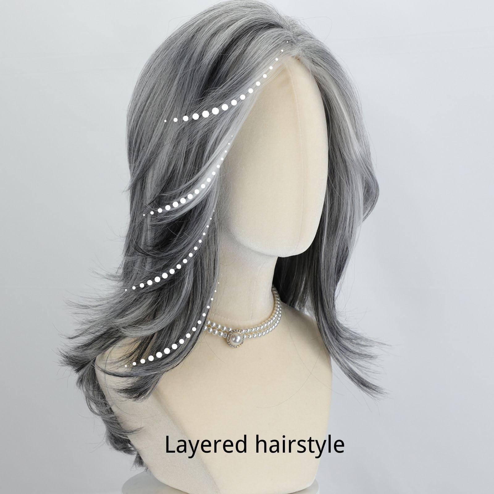 Silver Grey Wigs For White Women 20 Inch Medium-length Wavy Layered Salt Pepp…