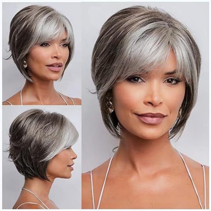 Women’s Salt and Pepper Pixie Cut Wig Short Layered Synthetic Hair