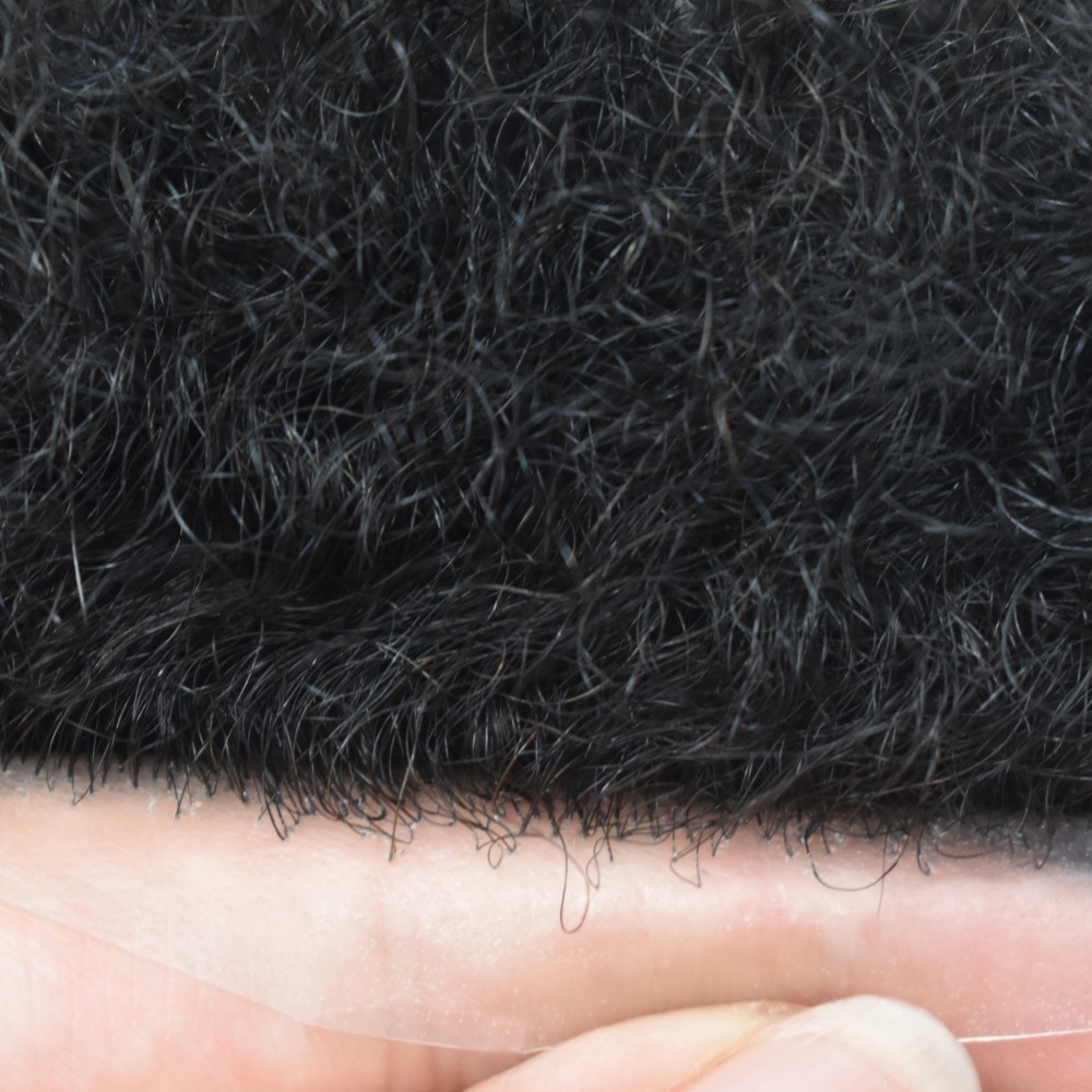 Black Afro Curl Mens Toupee Poly Skin 100%Human Hair African American Hairpieces