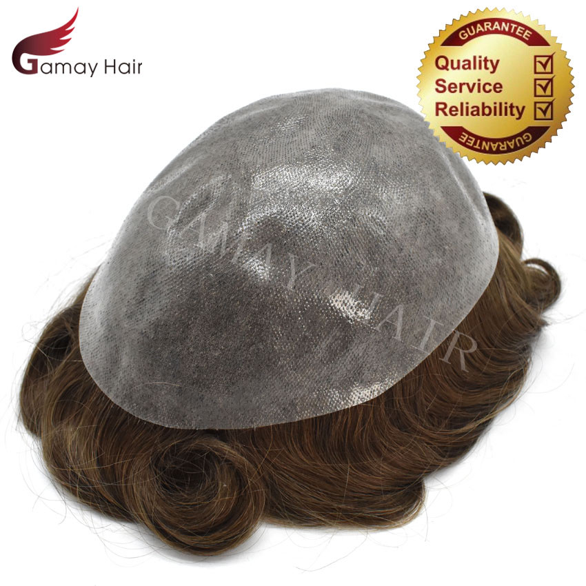 Full PU Mens Toupee Durable Poly Invisible Thin Skin Human Hairpiece Wig PAPY